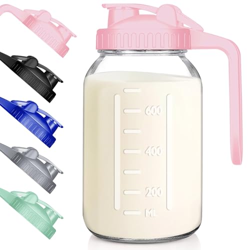 Image of Wide Mouth Mason Jars 32 oz with Pour Spout Lids, SNGKMSYG 1 Quart Glass Pitcher with Lid, Double Leak Proof Breast Milk Pitcher for Fridge, Coffee, Water, Iced Tea (Pink, 32oz, 1 Pack)
