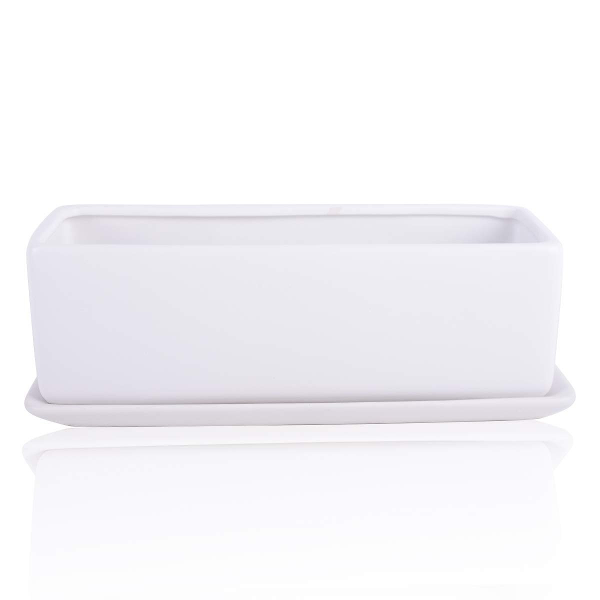 Vencer 12 Inch Rectangular Modern Minimalist Ceramic Succulent Planter Pot - Window Box with Saucer,Office Desktop Potted Stand,White,VF-0135