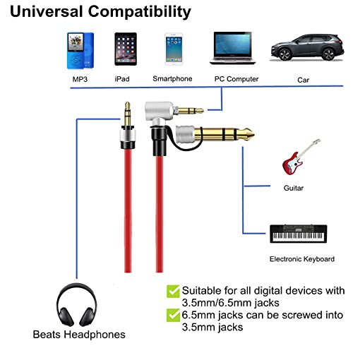 Toxaoii 3.5mm to 3.5mm & 6.5mm Replacement Audio Aux Auxiliary Cable Wire Compatible with Monster Beats by Dr Dre Solo Pro Detox Edition Headphones Extension Cord (Red - Image 4