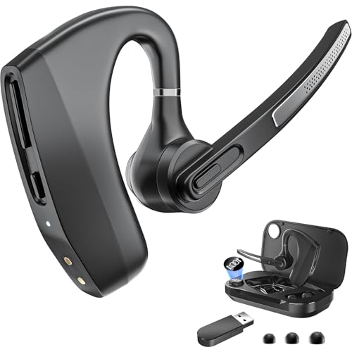 Herloreen Bluetooth Headset Wireless Earpiece with 450mAh Charging Case USB Dongle Noise Canceling Mic for PC Computer, Laptop, Cell Phones, Remote Work, Call Center, Trucker Work, Business