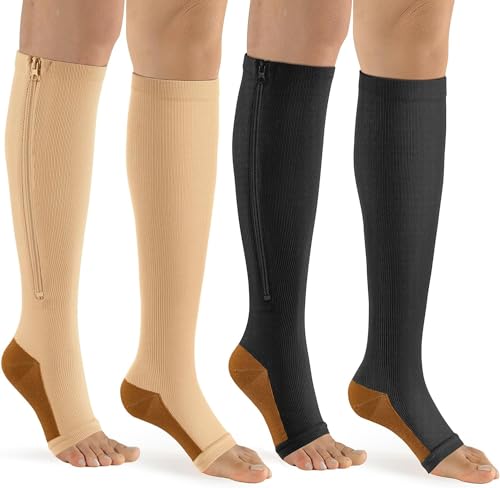 Image of bropite Zipper Compression Socks Women & Men - 2Pairs Calf Knee High 15-20mmHg Open Toe Compression Stocking suit for Walking