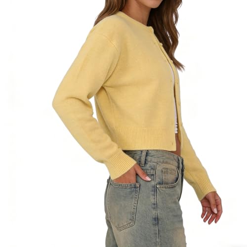 Image of Women Y2K Button Front Crop Sweater Cardigan Solid Color Crew Neck Long Sleeve Knit Fall Tops Streetwear