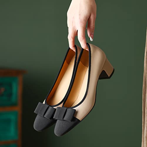 MOOMMO Women Low Chunky Heel Pumps Shoes Bows Round Closed Toe Slip On Block Heels Dress Sandals Cap Toe Bow Flats Shoes Two-Toned Ladies Girls Wedding Office School Elegant Comfort Spring 4-11 M US3