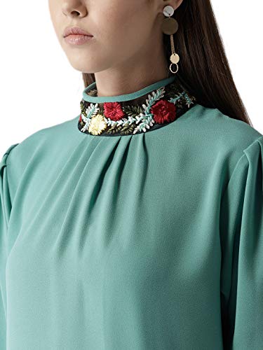 Image of Style Quotient Women Solid Aqua Green Polymoss Embroidered Smart Casual top