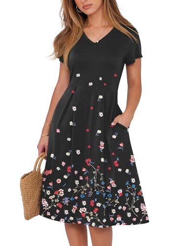 Image of ANRABESS Women Summer Dress Casual Short Sleeve V Neck A-Line Knee Length Pleated Flowy 2026 Fashion Midi Dresses with Pocket