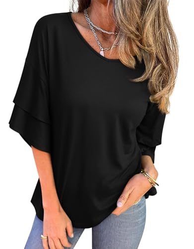 REORIA Shirts for Women's 2026 Ruffle Short Sleeve T Shirts Casual V Neck Cute Tops Fashion Blouse ClothesBlack Large