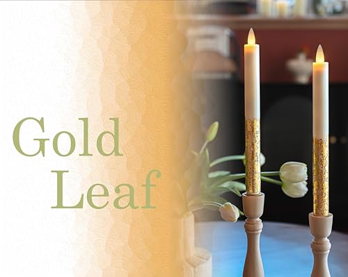 Image of Flameless Taper Candles Flickering with Remote and Timer, 3D Moving Flame Taper Candle Battery Operated to 400 Hours, 9 Inch Window Candles, (Gold Leaf)