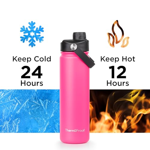 Image of ThermoProof Double-Walled Vacuum Insulated Stainless Steel Water Bottle - Wide Mouth with Chug & Spout Lids, Dishwasher Safe, Reusable, Leakproof, Hot & Cold for Men, Women & Kids - 22oz, Neon Pink