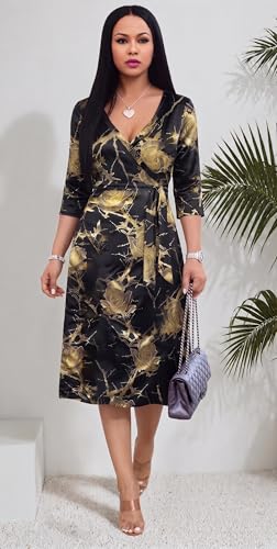 Image of Womens Plus Size Summer Dresses Sexy V Neck Midi Dress Faux Wrap Dress 3 /4 Sleeve Boho Casual Floral A-Line Skirts