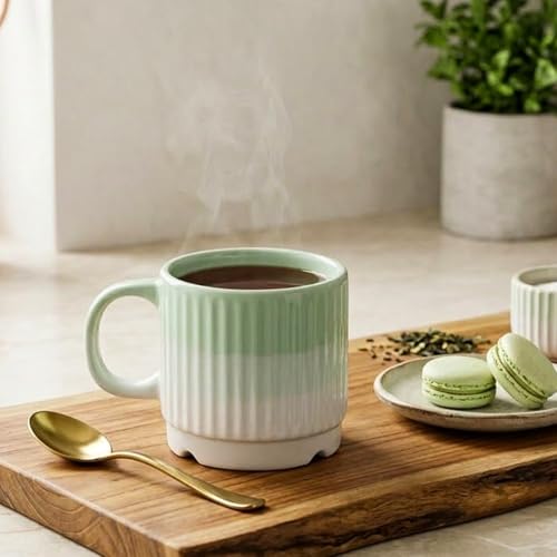 Image of The Earth Store Green Fringe Premium Ceramic Tea Cup Set of 4, 200 ML | Microwave and Dishwasher Safe Space Saver Tea Cup with Stand | Coffee Cups for Gifting, Home & Office Use, Every Occasion