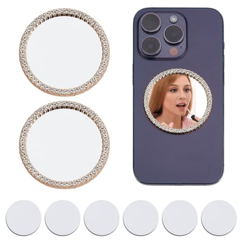 Image of DELORIGIN 2 Pcs Bling Mirror Decal Phone Back Adhesive Mirror Charm Sticker Round Make up Mirror with Rhinestones for Smartphone Phone Case Back Accessories Mobile Phone Stick-On Mirror Charms Gold