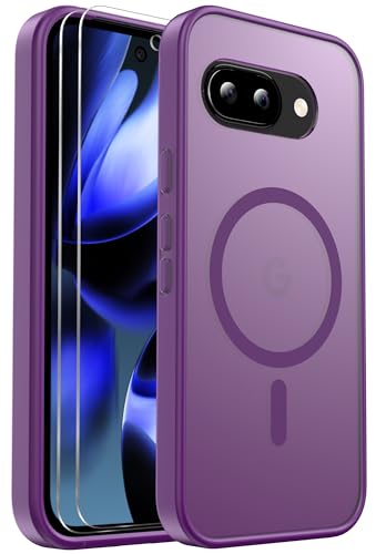 for Google Pixel 9A Case Magnetic Shockproof, [Fit for MagSafe] [Glass Screen Protector] Translucent Anti-Fingerprint Case for Google Pixel 9A (Purple)