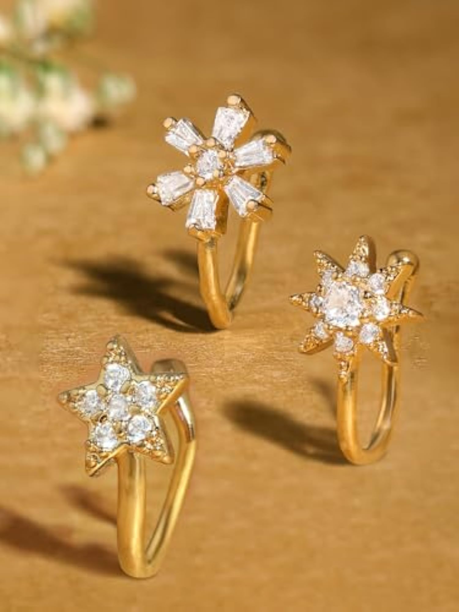 3 CZ Brass Clip On Nose Pins For Women