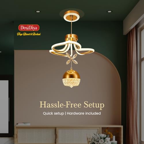 Image of Desidiya Modern LED Crystal Pendant Light Dimmable Elegant Gold Design & 3-Light Modes Ceiling Light Fixture for Living Room, Dining Room, Bedroom Comes with Cystal Butterfly