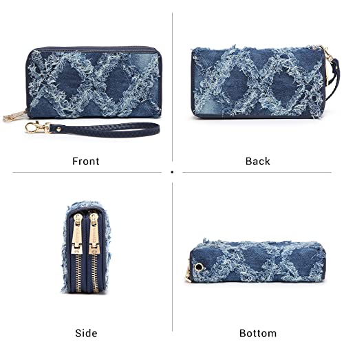 Mkp Collection Womens Fashion Double Zip Around Wallet Jean Denim Long Purse Credit Card Holder Bifold Ladies Cluth Wristlet Wrist Strap #TOP5