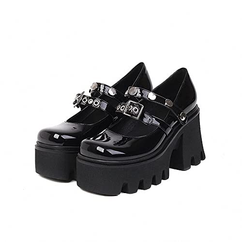 Image of Women's Platform Mary Janes Heart Cat Buckle Rivets Ankle Lolita Gothic Princess Platform Pumps Patent Leather Thorn Vintage Traditional Embroidery Upper Dress Shoes