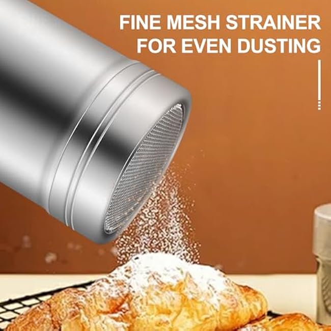 Powdered Sugar Shaker Duster Stainless Steel Powdered Sugar Fine Mesh Shaker with Lid for Cinnamon Flour Salt Pepper Powdered Sugar baking soda Cocoa Cornstarch Coffee Flour