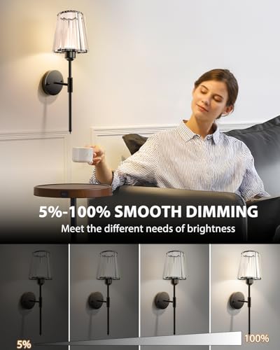 Image of Adetu 19.3 Inch Crystal Battery Operated Wall Sconces Set of 2 | Black Rechargeable Wall Lights with 10000mAh Dimmable Magnetic Bulb, RGB Wall Lamp for Bedroom Decor