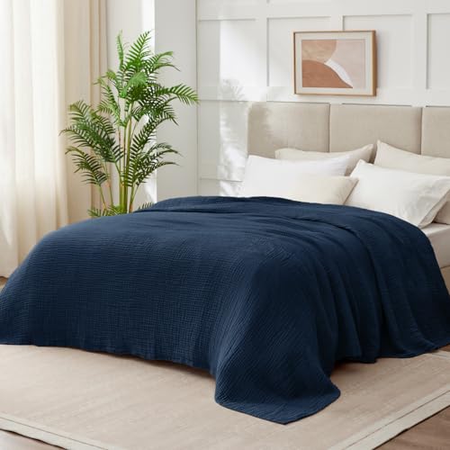 Image of 100% Cotton Muslin Blanket California King 120 inch x 90 inch, 6 Layers Breathable and Lightweight Oversized Blankets for Bed, Soft Cooling Gauze Blanket for Adults All Season, Navy
