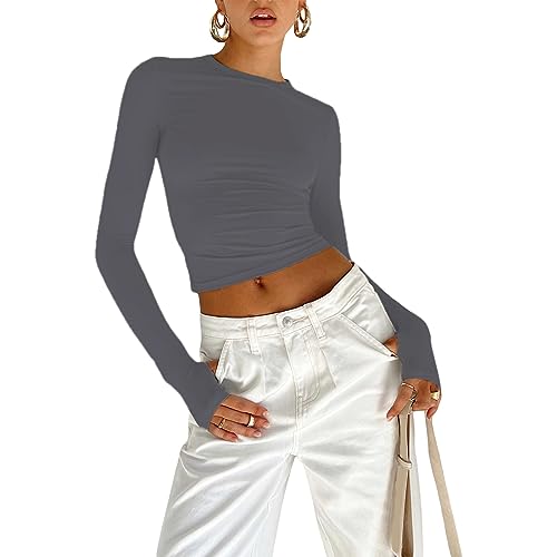 OYIGELZ Langarmshirt Damen Basic T-Shirt Langarm Crop Top Y2K Slim Fit...