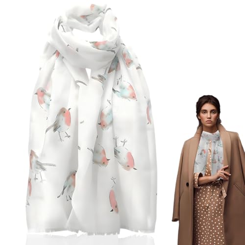 pozuauoa Robin Scarf for Women Uk, Cute Robin Gifts for Women Elegant Soft White Ladies Scarves, Lightweight Print Thoughtful Watercolour Bird Christmas Scarves Birthdays Gifts 180x70cm