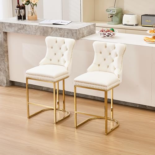 Image of UVV Counter Height Bar Stools Set of 4, 26 inch Modern Barstools with Back, Velvet Upholstery Counter Chairs with Metal Legs for Kitchen Island, Bar, Counter, Beige