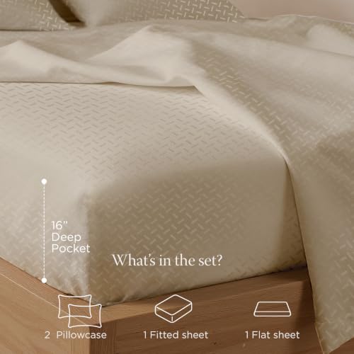 Image of Threadmill 300 Thread Count Cotton King Sheet Set, Sateen, Jacquard, Beige