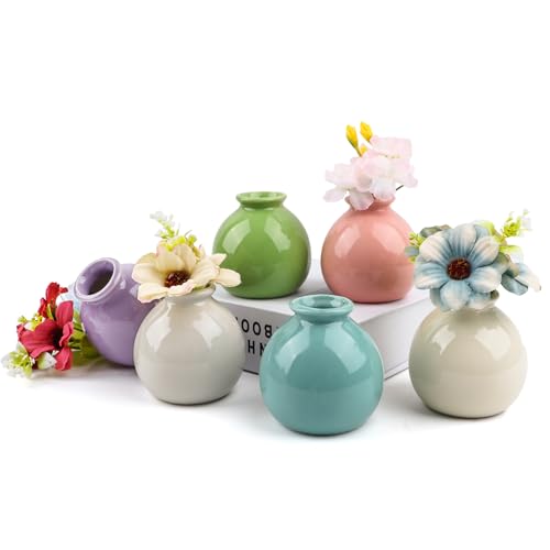 Juego de 6 jarrones de cerámica y Flores Artificiales, Juego de jarrones Coloridos para decoración de Mesa para Bodas, Fiestas, decoración de Mesa del hogar (Boca de Botella de 2,5 cm)