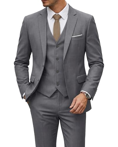 Image of YND Men's 3 Piece Suit with Tie, Solid Color Slim Fit Jacket Vest and Pants