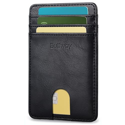 Image of Buffway Mens Slim Wallet, Minimalist Thin Front Pocket Leather Credit Card Holder with RFID Blocking for Work Travel | Minimalist