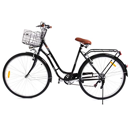Paneltech 28 Pulgadas 7 Velocidad de Ciudad Bicicleta de Ciudad para Mujer Hombre Paseo Citybike Compras Commute para Bicicleta con luz Delantera y luz Trasera y Cesta (Negro)