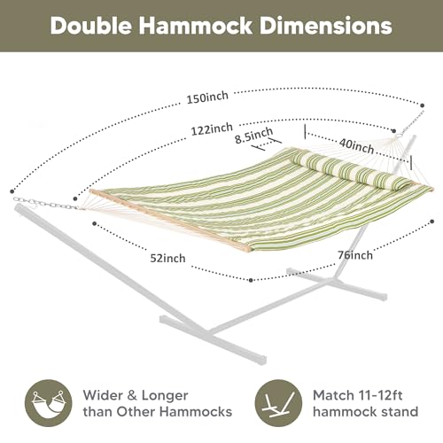 Image of SUNCREAT Portable 2 Person Hammock with Hardwood Spreader Bar, Cotton Rope Outdoor Hammock with Polyester Pad, Green&Beige