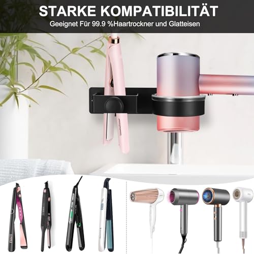 Föhnhalter Wand Ohne Bohren, Föhn Halterung für Haartrockner und Glätteisen, Fön Halterung, Selbstklebend Föhn und Glätteisen Halterung Ohne Bohren Schwarz Haartrocknerhalter, Hotel Bad Fönhalterung