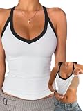 Danysu V-Ausschnitt Tank Tops mit integriertem BH für Damen Basic Taillierte Gym Oberteil Sexy Sommer Outfits Weiß mit Schwarz XS