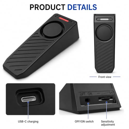 Hendun Door Stop Alarm for Travel or Home, Rechargeable and Adjustable