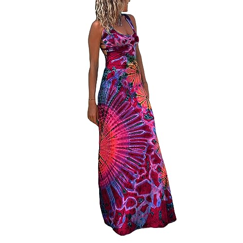 Image of Women Sexy Backless Maxi Dress Y2k Tie-Dye Print U-Neck Sleeveless Fashion Cross Backless Party Dress