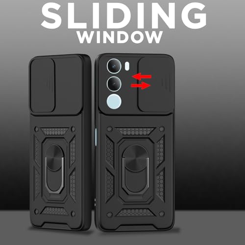 Image of Pikkme Back Cover for Vivo Y29 5G / Vivo Y19s 5G | 360 Protection Case | Sliding Camera Shield Cover & Ring Holder Stand D10 Tough Armor Bumper Case (Black)