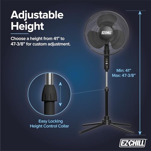 Image of EZ-Chill 16 inch Oscillating Pedestal Fan, 3-speed Options, 90-Degree Oscillating Head, Adjustable Height and Tilt, Powerful Air Flow, Black, MTFS-16B-BLK