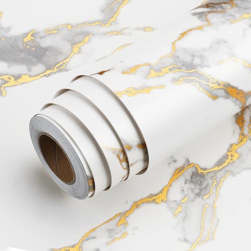 LACHEERY Papier Peint Blanc avec Veines Dorées Marbre 40cm x 200cm Vinyle Adhesif Marbre Papier Autocollant pour Meuble Armoires Étagères Porte Plan de...
