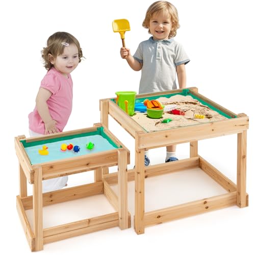 HONEY JOY Sand and Water Table, 2 Pcs Wood Outdoor Kids Sensory Table, Protective Cover & Built-in Liner, Space-Saving, Toddler Sandbox Table, Play Activity Table for Backyard Garden Beach, Natural