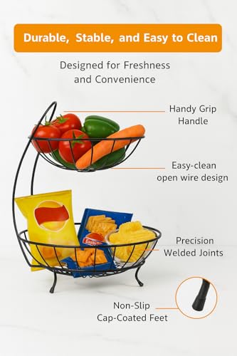 Image of 2-Tier Metal Fruit Basket Stand for Kitchen Counter | Double Layer Fruit Bowl Organizer for Vegetables, Fruits & Snacks | Rust-Resistant Iron Wire Basket for Home & Dining Table (23x32x28 cm)