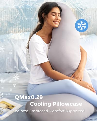 Image of Momcozy Cooling Pregnancy Pillow,Original F Shaped Maternity Pillow for Pregnant Women with Adjustable Wedge Pillow, Full Body Support Pregnancy Pillows for Side Sleeping with Velvet Cover, Light Grey