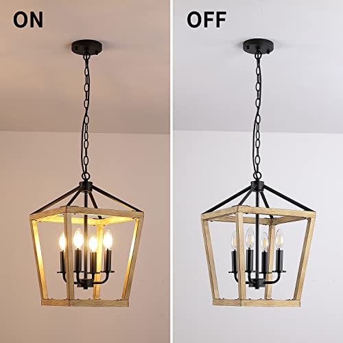 4 Lights Farmhouse Chandelier,Modern Rustic Lantern Pendant Light,Black Metal+Oak Wood,Vintage Light Fixtures For Foyer, Dining Room,Living Room,Kitchen Island,Height Adjustable,E12 Bulb,12.6”H18.1” #TOP4