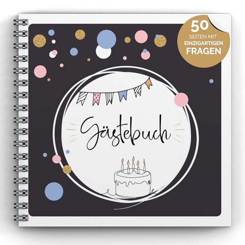 Gästebuch Geburtstag mit Fragen by snaPmee - Für 50 Einträge jede Seite ist einzigartig - Edles Hardcover mit weißer Spiralbindung - Größe 21x21cm 300 g/m Papier (extra dick) inkl. 25 Fotoaufgaben