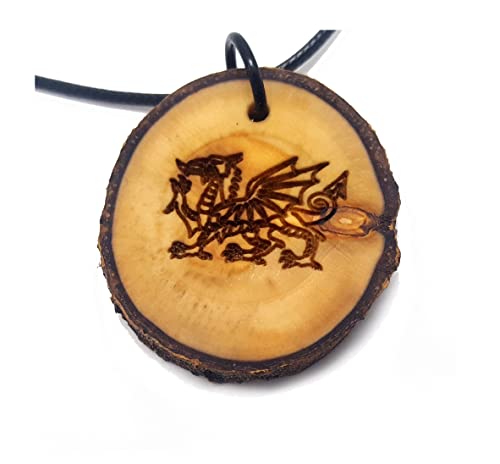 Handmade Welsh Dragon Wooden Pendant Necklace, Engraved Personalization, Natural Tree Slice Dragon Y Ddraig Goch