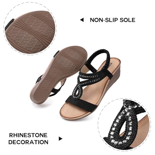 TEMOFON Wedge Sandals for Women Dressy: Low Wedge Sandals Women Comfortable Dressy Walking - Summer Casual Elastic Strappy Open Toe Rhinestone Shoes2
