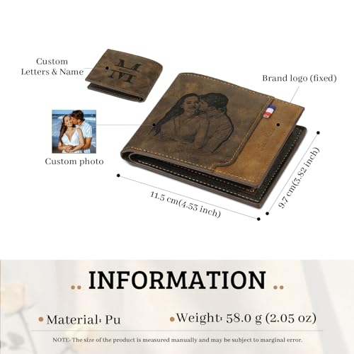 Custom Wallets for Men Personalized Leather Wallet with Picture Name Alphabet for Dad Husband Slim Billfold Engraved Wallet for Fathers Day Christmas (Khaki)3