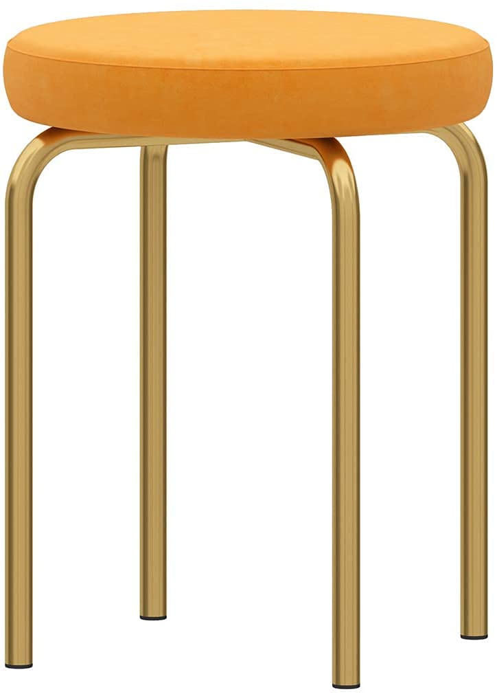 INDIAN DECOR. 38223 Breakfast Stool Modern Dressing Stool, Metal Round Stool Bedroom Living Room Shoe Changing Stool Stable Durable Stacking Stools, 33 * 33 * 45CMs - Orange Cushion -Golden Frame-image-47