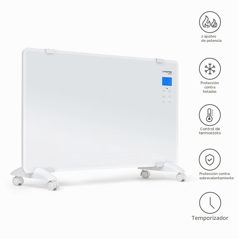 TROTEC Convector Cristal de Diseño TCH 2010 E, 2.000 W, Calefactor, Radiador, Control Temperatura Automático, 2 Niveles de Calor, Mando a Distancia, Pantalla LCD táctil