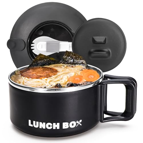 Roucerlin Microwave Ramen Bowl with Lid and Handle, 40.5 Oz Stainless Steel Liner Microwavable Soup Noodle Bowls, Instant Ramen Cooker Microwave Container for Office College Dorm (Black)